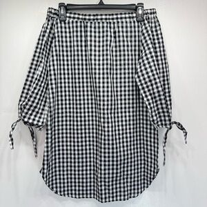 Black and White Gingham Plaid Off Shoulder Tie Sleeve Blouse